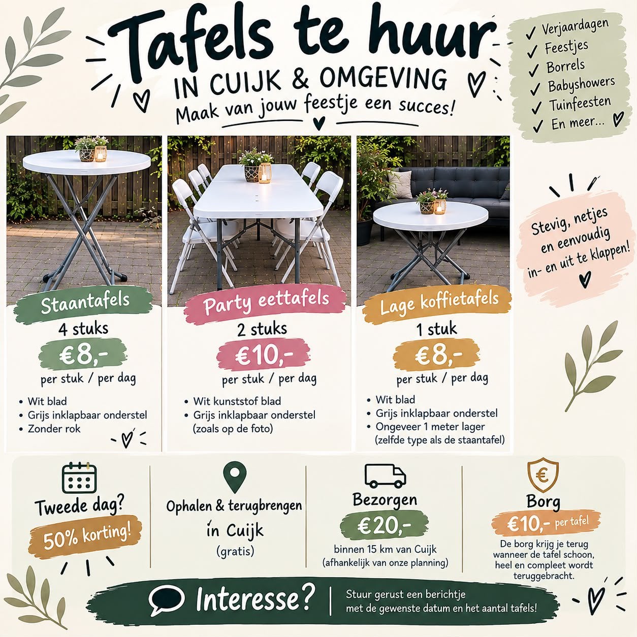 Tafels te huur, Ophalen of Verzenden