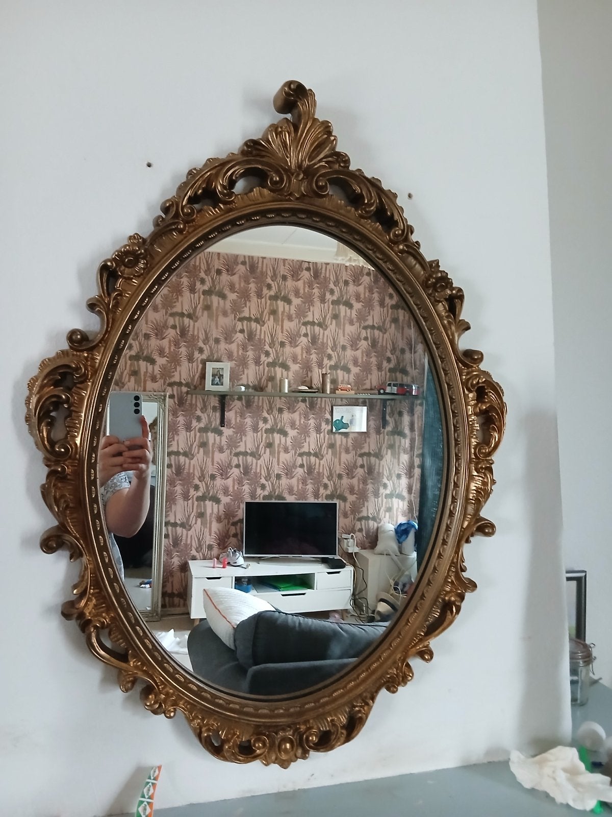 Grote antieke ovale spiegel met sierlijke gouden lijst, Ophalen, Ovaal, 50 tot 100 cm, 100 tot 150 cm