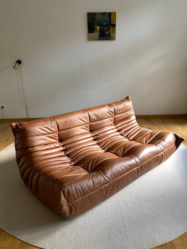 Ligne Roset - Togo - 3-zitter Bank/Sofa - Cognac Bruin Leer, Vintage knoll vitra artifort de sede cassina mid century retro, 150 tot 200 cm