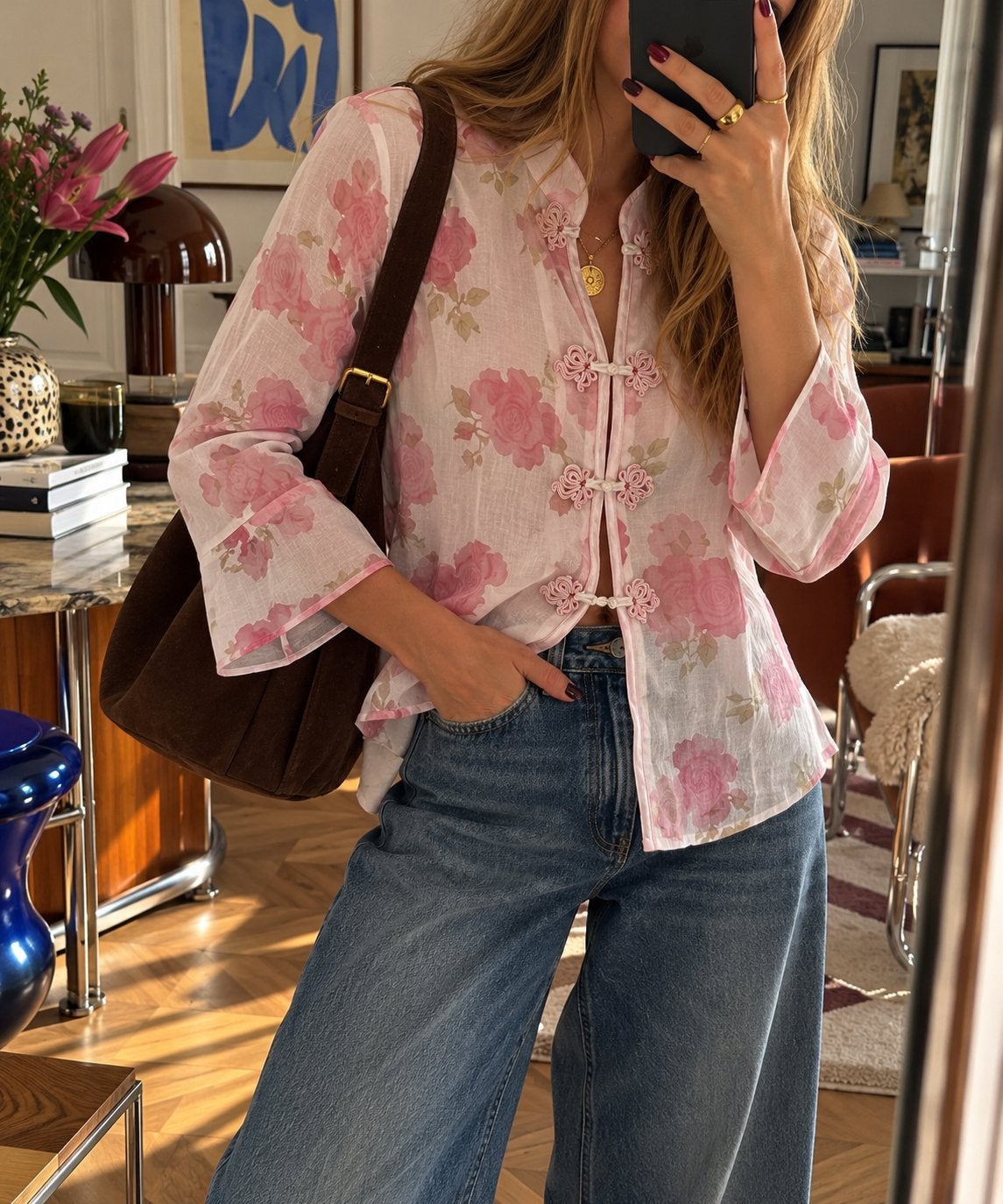Vintage Dragon & Phoenix blouse roze bloemen | Maat 38, Ophalen of Verzenden, Gedragen, Maat 38/40 (M), Roze