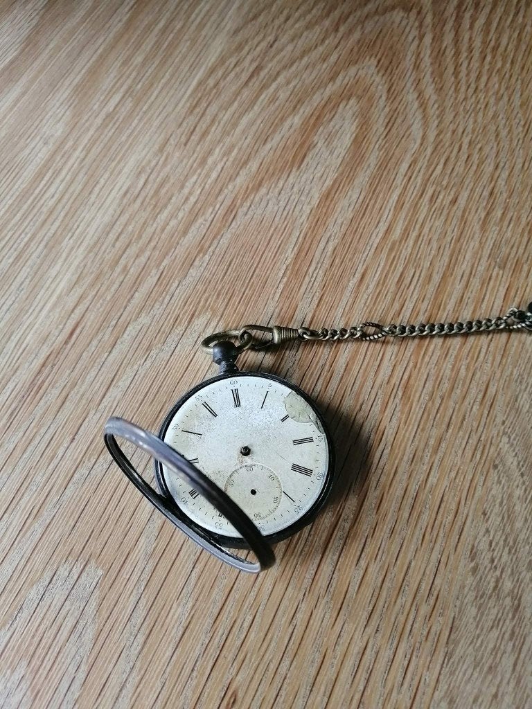 Zak horloge 1930 - 1960 met ketting en sleutel, Overige merken, Zakhorloge, Staal, Ophalen of Verzenden