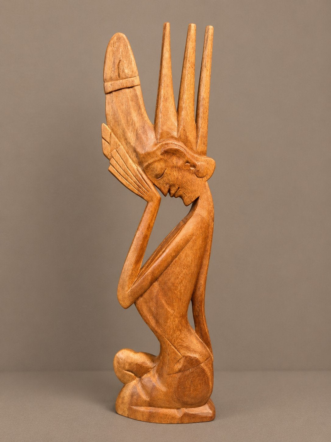 Balinees Art Deco Houtsnijwerk - Langgerekte Figuur 35,5cm, Antiek en Kunst, Kunst | Beelden en Houtsnijwerken, Houtsnijwerk, Art deco