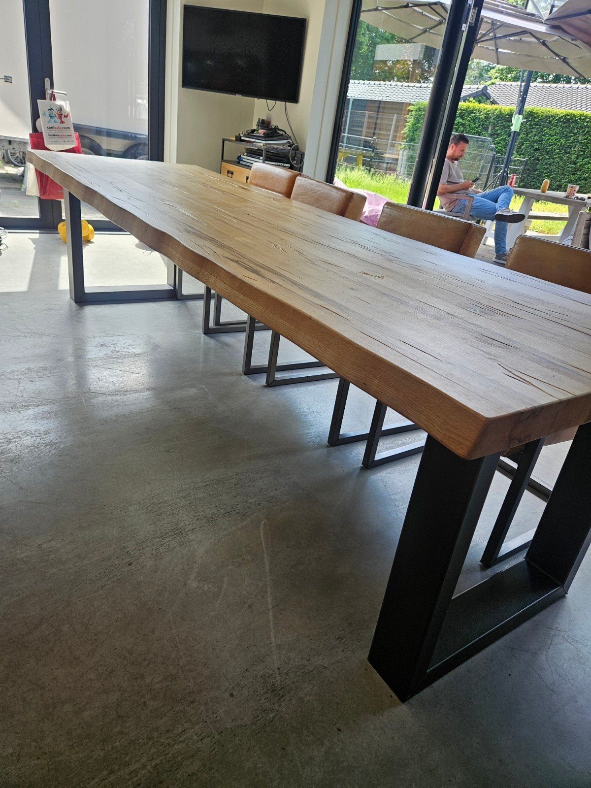 eettafel stamtafel 3 meter lang (met/zonder stoelen), Huis en Inrichting, Tafels | Eettafels, Gebruikt, Industrieel, robuust, landelijk