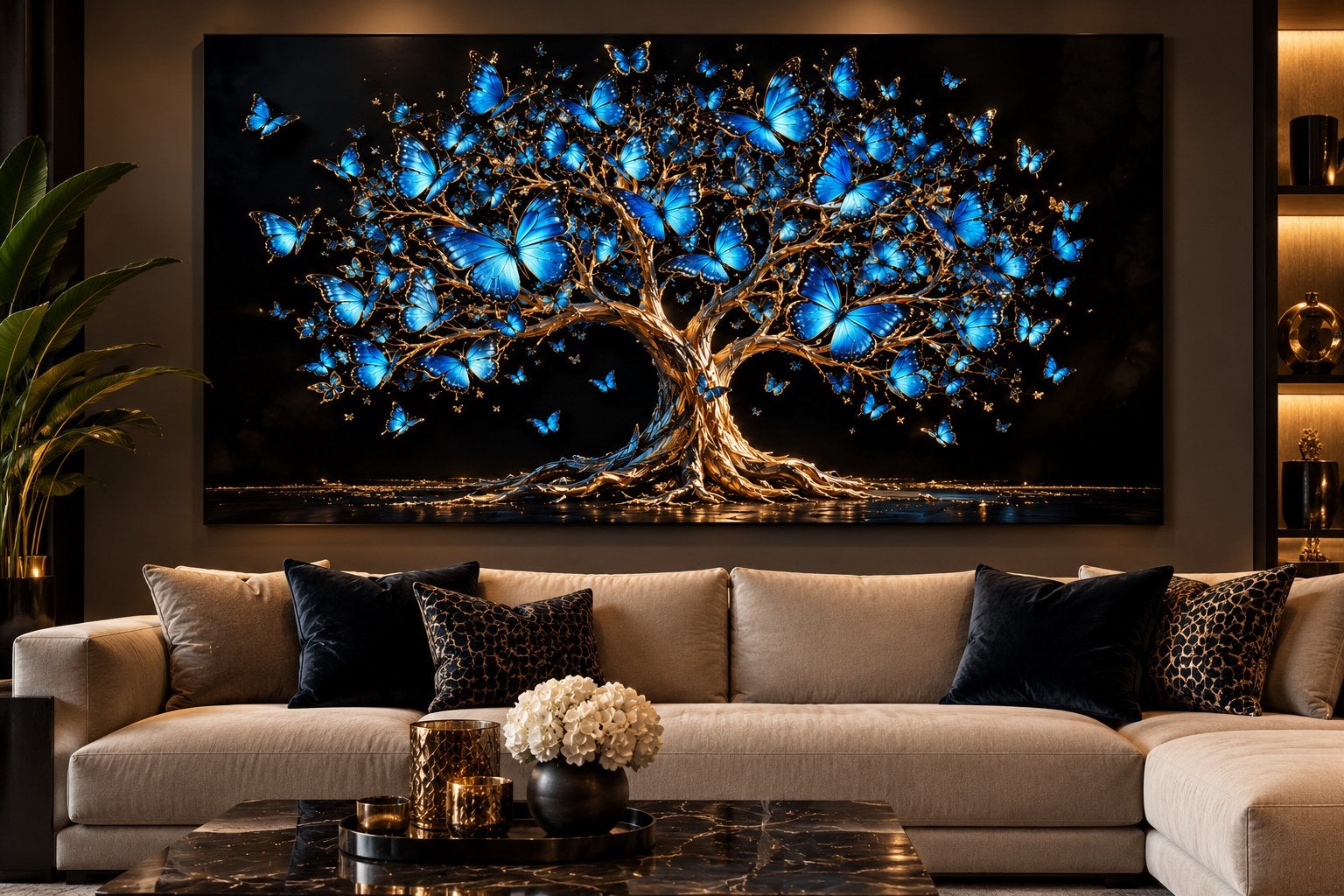 Schilderij Boom met Blauwe Vlinders 120x80cm Nieuw, Huis en Inrichting, Nieuw, Ophalen of Verzenden, Schilderij, 100 tot 125 cm