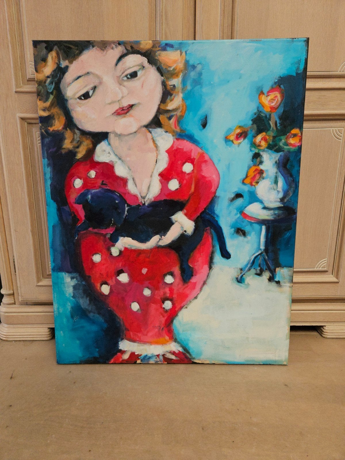 Schilderij 70x90 cm - Vrouw met kat, Antiek en Kunst, Ophalen