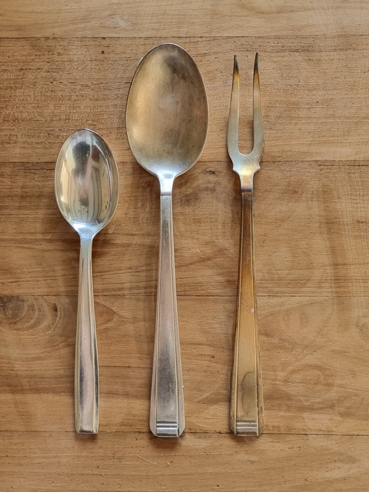 Vintage Bestek Set: Opdien Lepels en Vleesvork, Ophalen of Verzenden