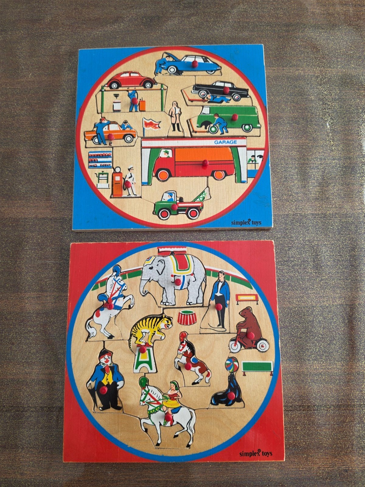 Houten puzzels: Circus en Garage (2 stuks), 2 tot 4 jaar, Gebruikt, Ophalen of Verzenden, Van hout
