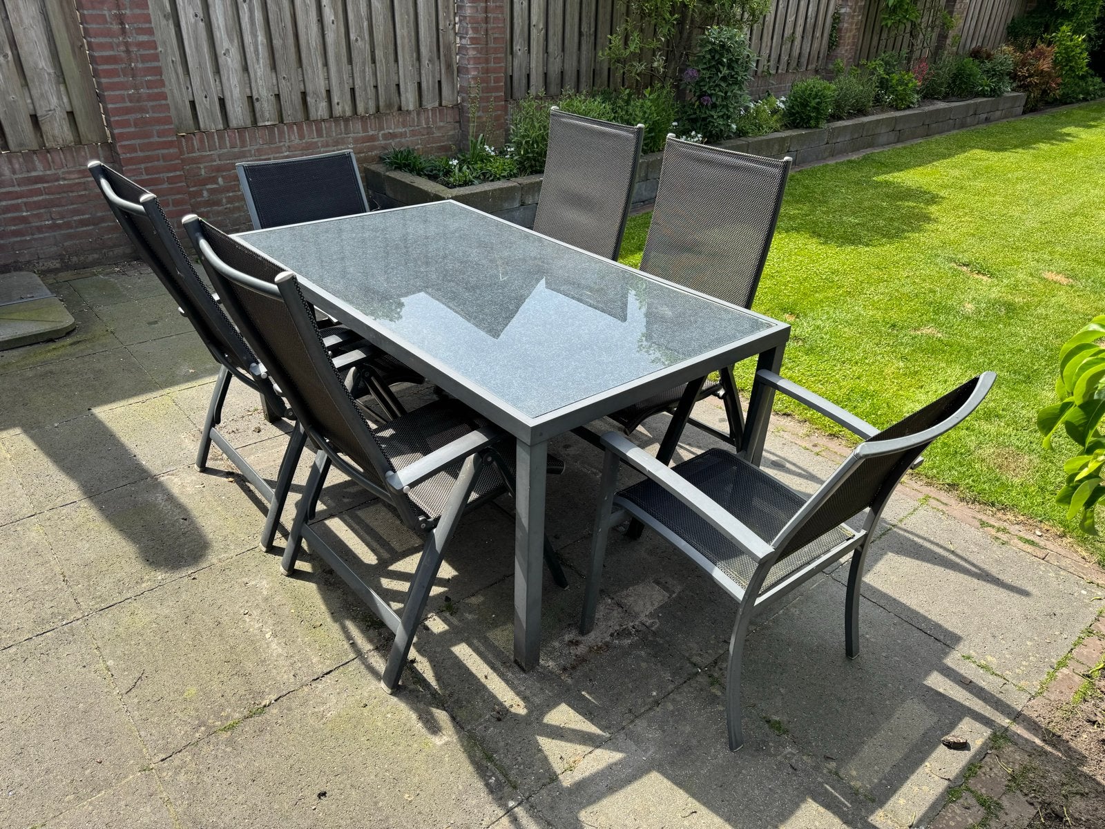 Complete tuinset met tafel en verstelbare stoelen, Tuin en Terras, Ophalen, Gebruikt, Eettafel, 6 zitplaatsen