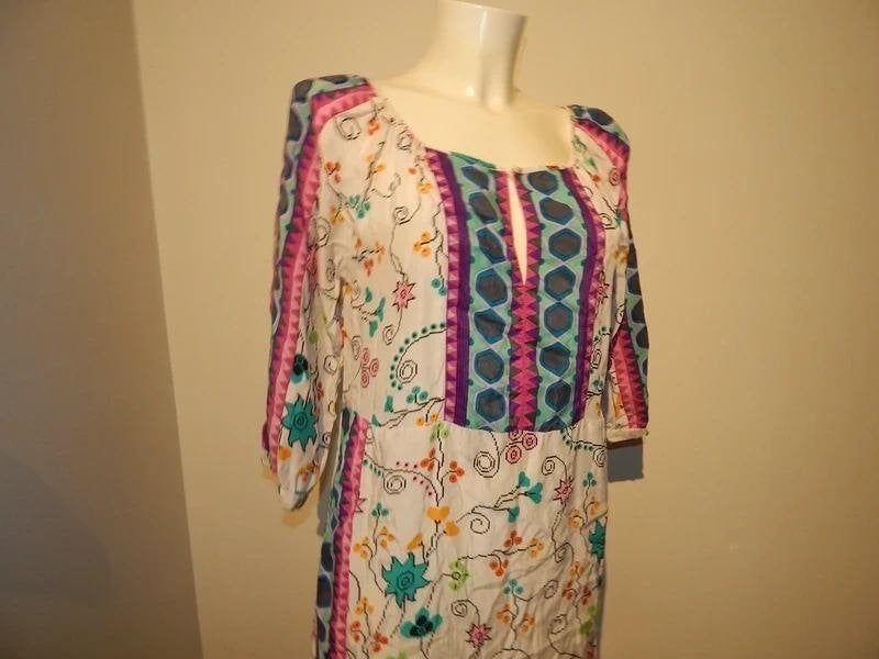 Antik Batik Ibiza styl jurk felle kleuren print zijde 40/m, Maat 38/40 (M), Zo goed als nieuw, Knielengte, Antik Batik