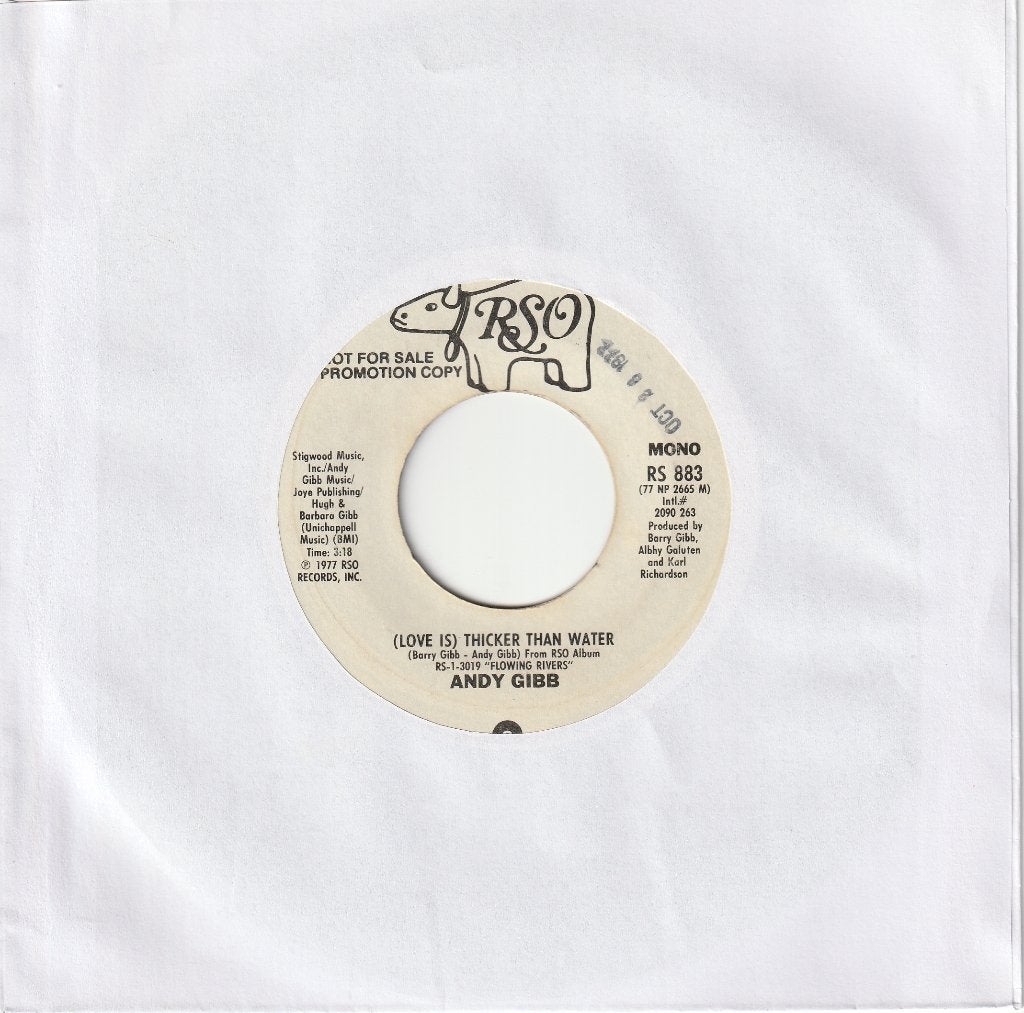 Andy Gibb 7" PROMO: Love is thicker than water mono + stereo, Gebruikt, Ophalen of Verzenden, Pop, Overige typen
