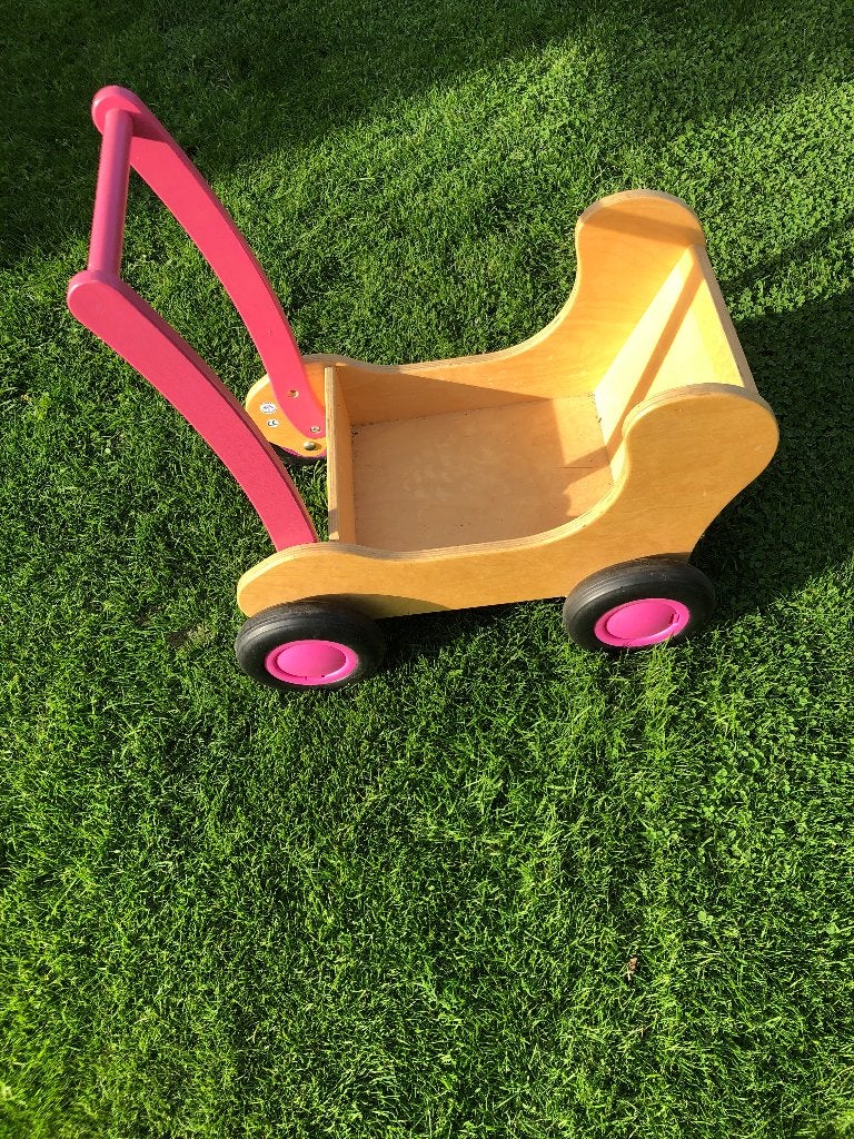 Houten poppenwagen/loopwagen roze, Ophalen, Zo goed als nieuw, Overige typen, Met wieltjes