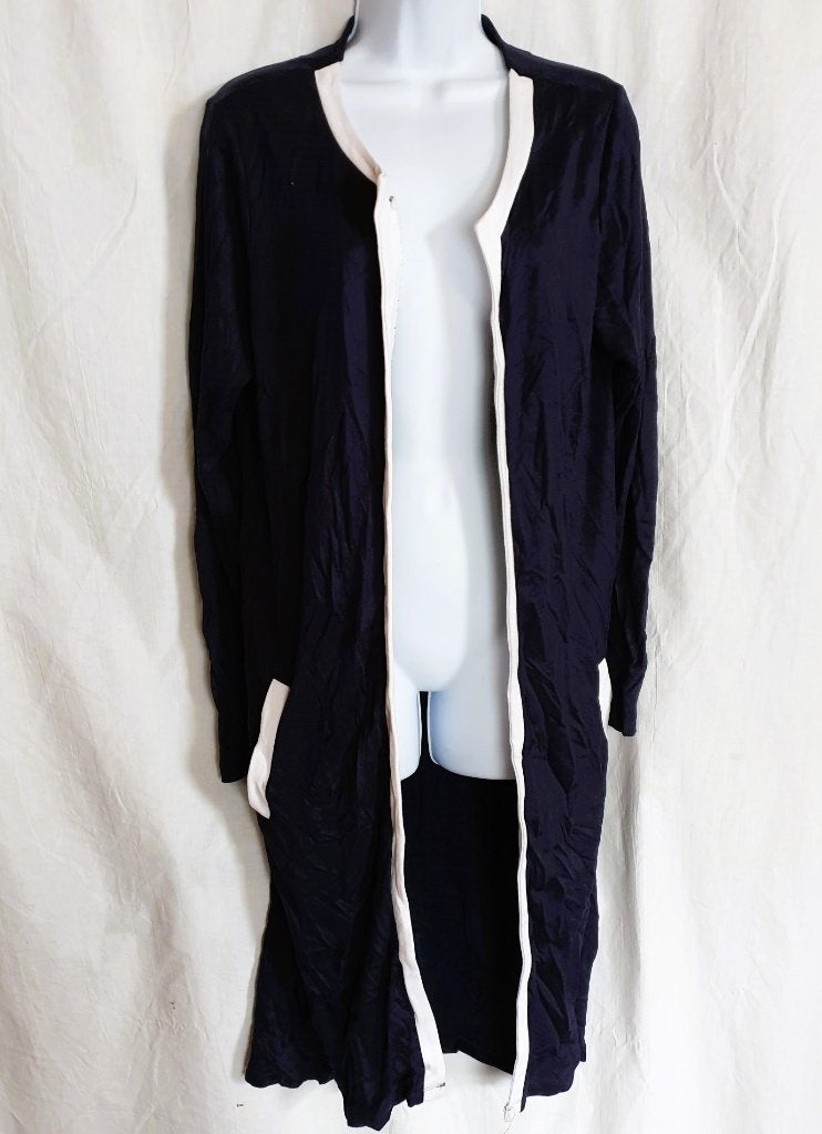 Mooi lang donkerblauw vest met witte rand mt L merk Suzt-Q, Blauw, ., Maat 42/44 (L), Ophalen of Verzenden