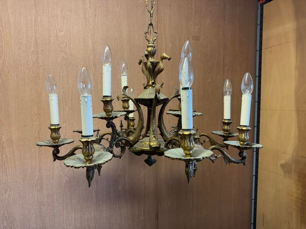 Antieke messing kroonluchter met zeepaardjes en vissen, Antiek en Kunst, Antiek | Lampen, Ophalen