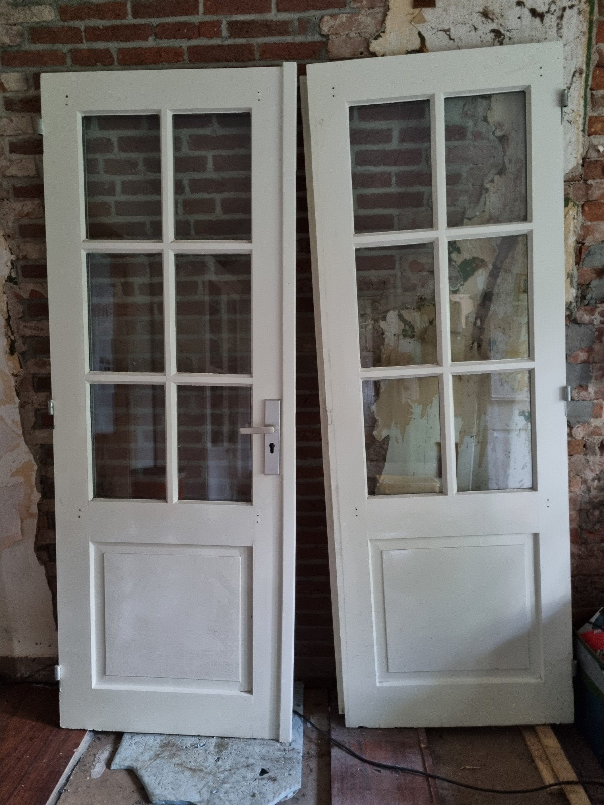Te koop terrasdeuren massief hardhout, dubbel glas, Ophalen, Gebruikt, Minder dan 80 cm, 200 tot 215 cm