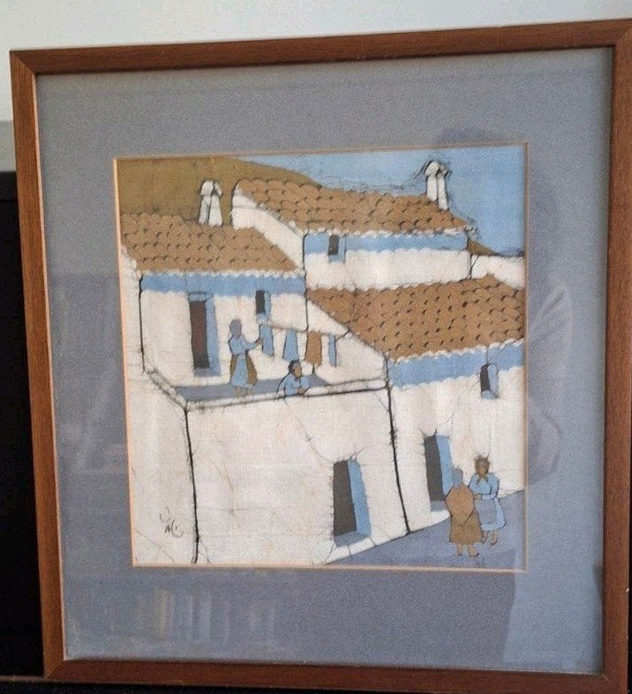 Batik schilderij van een dorpsgezicht, ingelijst, Ophalen, Handgeschilderd, Doek, Realistisch