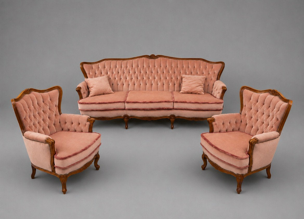 Roze bankstel, Barok, vintage bank fauteuil, queen ann nieuw, Ophalen