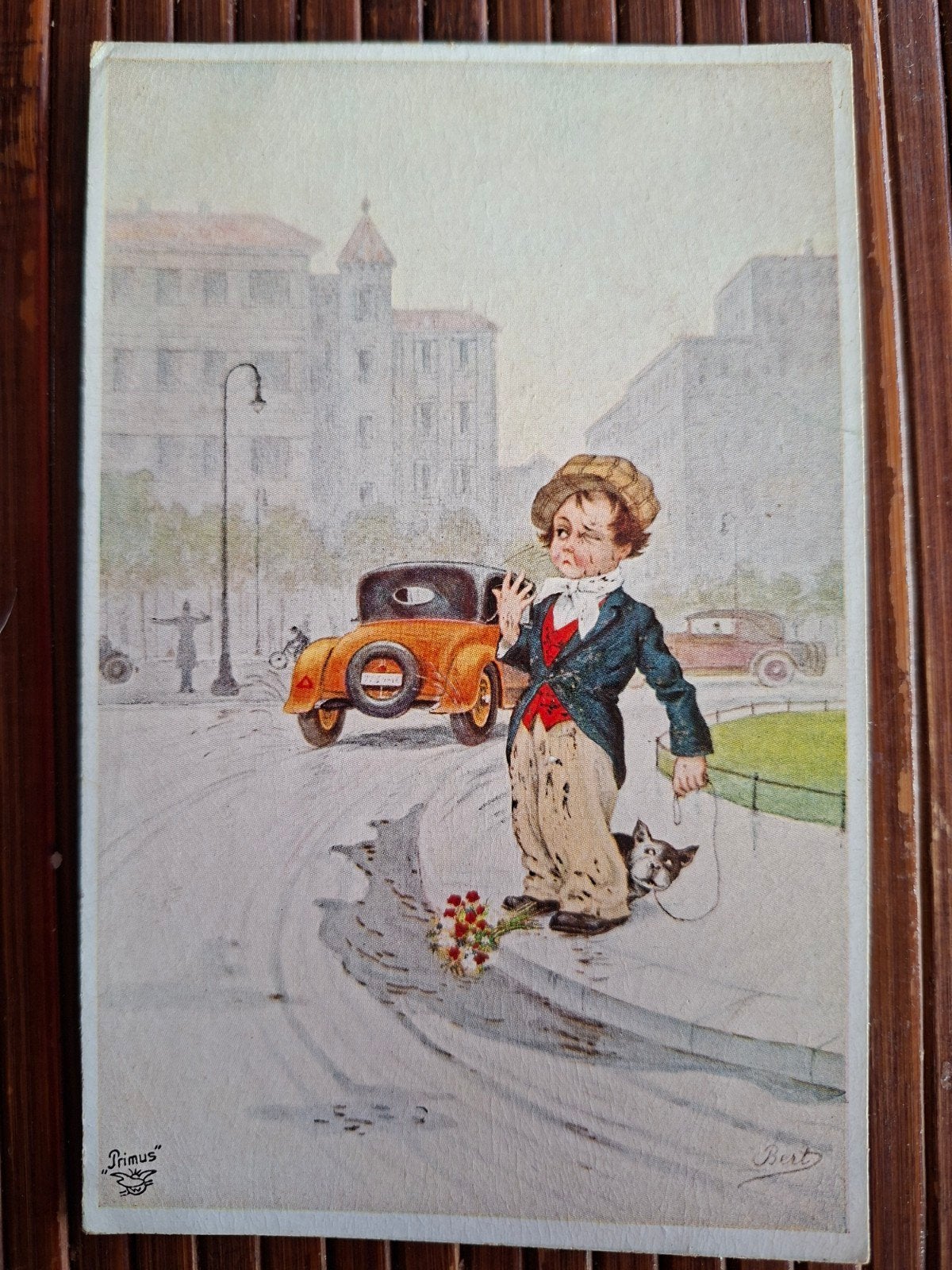 Oude ansichtkaart Jongen met hond en auto, gesigneerd 'Bert', Ophalen of Verzenden, 1920 tot 1940, Gelopen, Kinderen