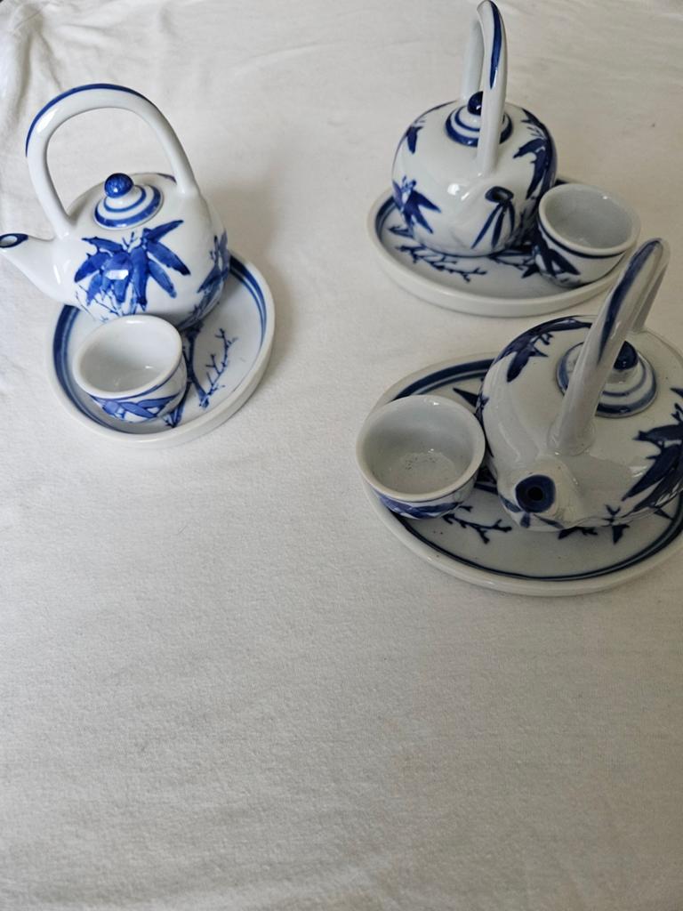 Vintage Chinees theeservies - Blauw en wit bamboe design, Antiek en Kunst, Ophalen of Verzenden