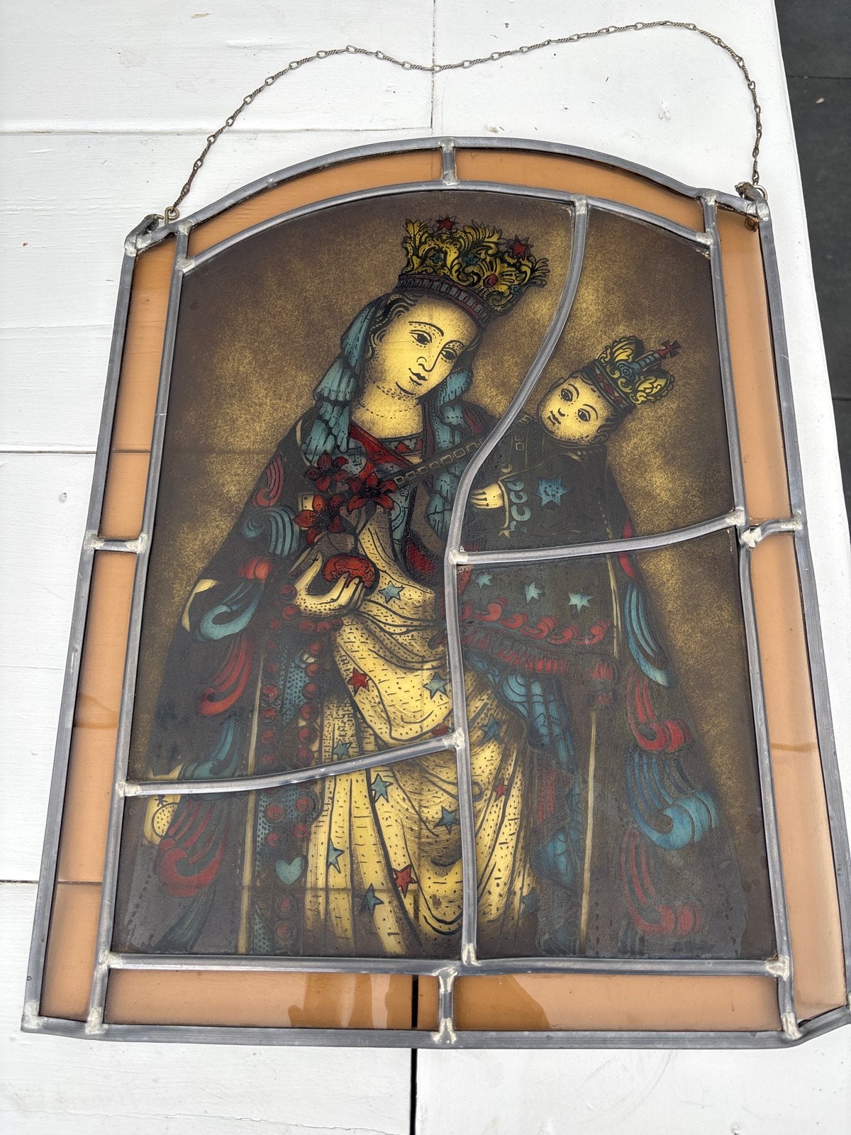 Antiek Glas-in-lood Paneel Maria met Kind, Ophalen of Verzenden