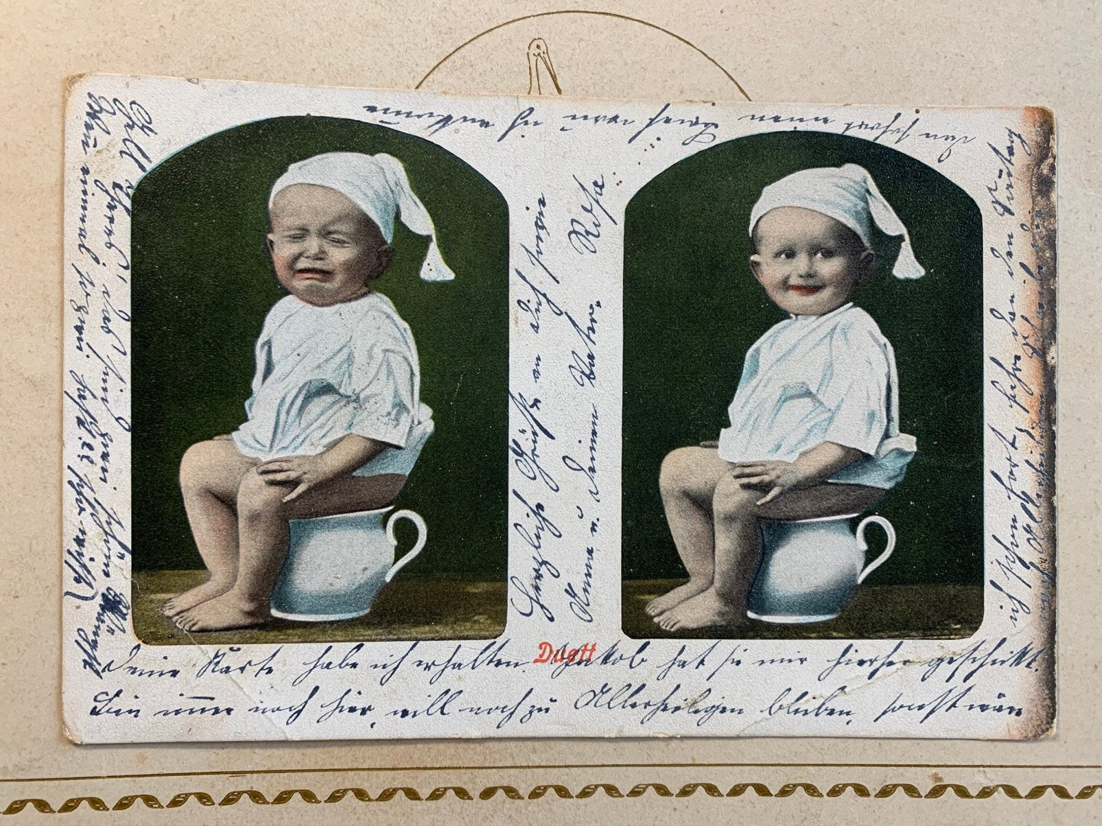1906 Duett - baby op po, pispot (DD), Ophalen of Verzenden, Voor 1920, Gelopen, Kinderen