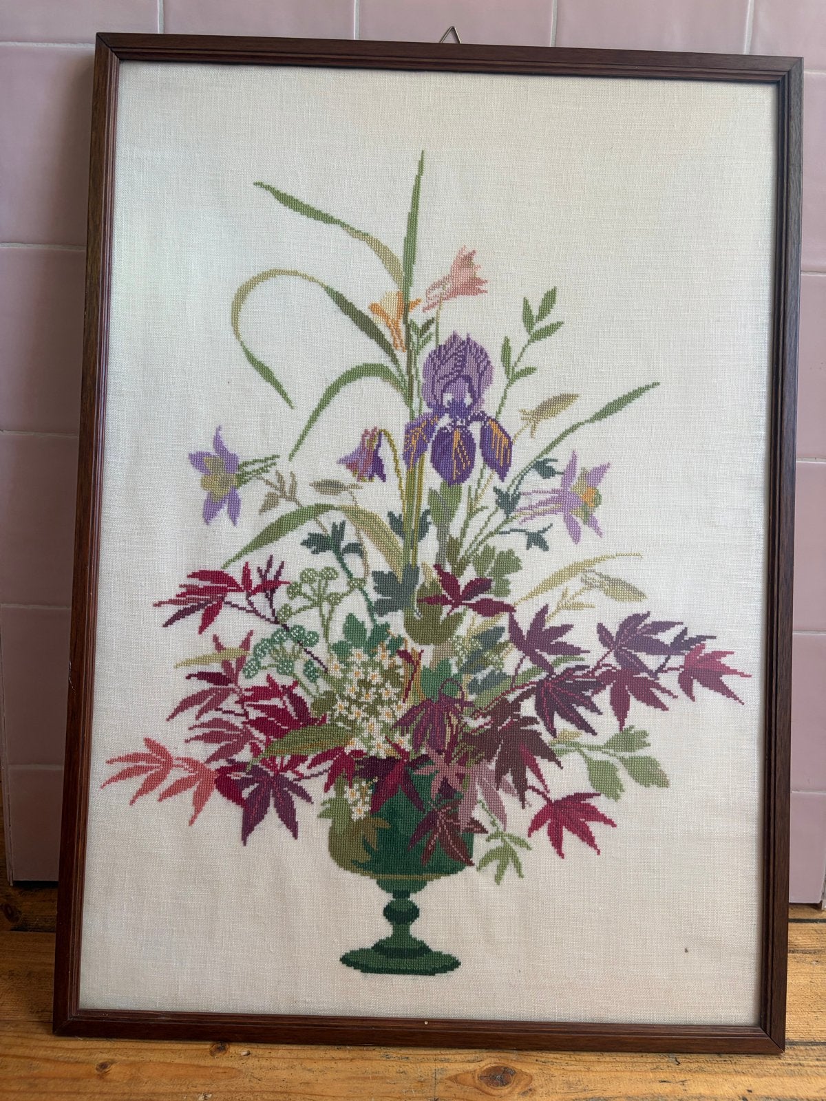 Vintage Geborduurd Bloemenstuk in Lijst, Ophalen