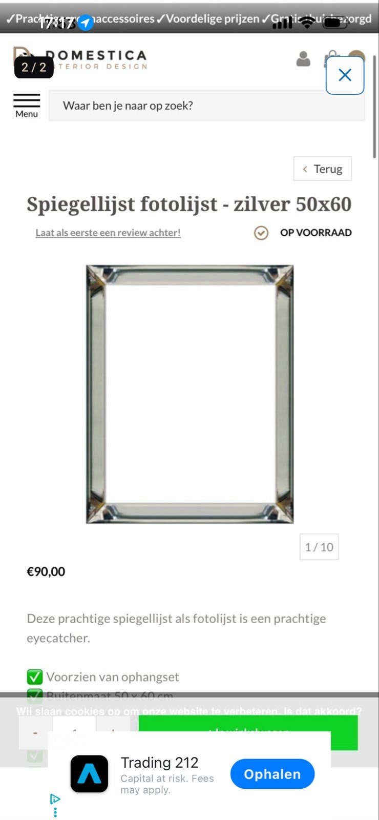 Eric Kuster stijl spiegellijst - zilver 50x60, Huis en Inrichting, Ophalen of Verzenden, Zo goed als nieuw, Rechthoekig, 50 tot 75 cm