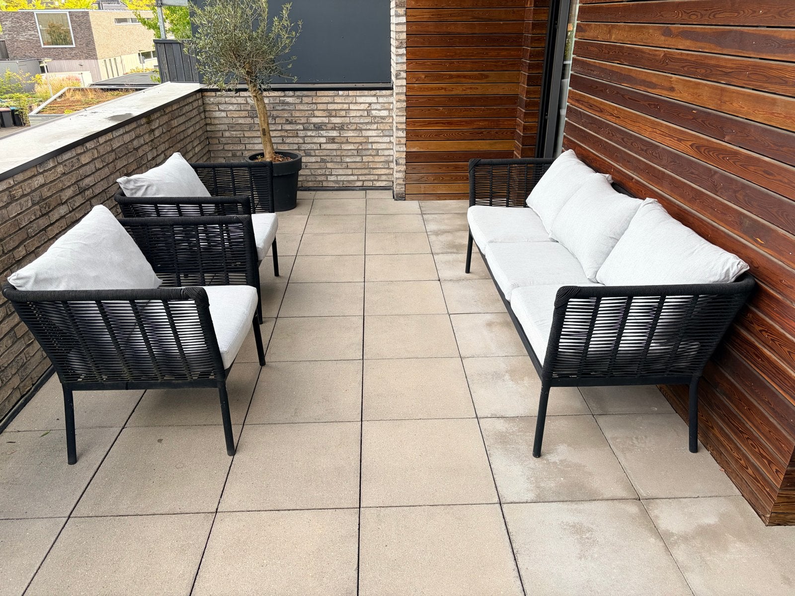 Loungeset met 3-zitsbank en 2 fauteuils, Tuin en Terras, Ophalen, 5 zitplaatsen, Gebruikt, Aluminium