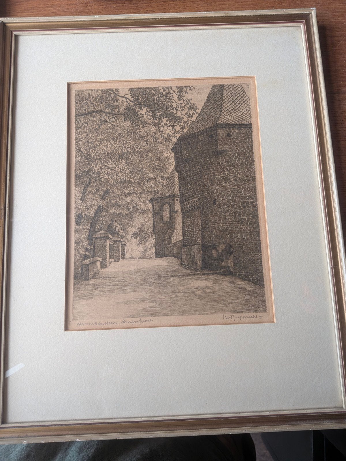 Ets van Monnikendam Amersfoort, gesigneerd H.W. Rupprecht, Ingelijst, Ets, Stadsgezicht, Ophalen of Verzenden