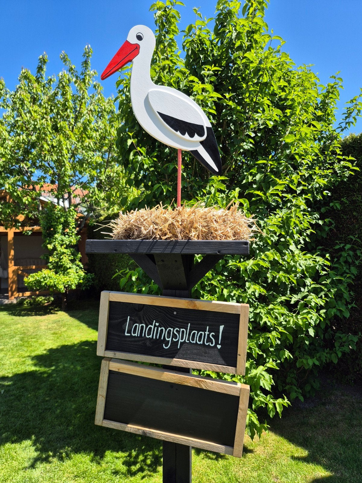 TE HUUR Ooievaar op nest/ooievaarspaal complete pakket!, Ophalen, Zo goed als nieuw, Geboortebord