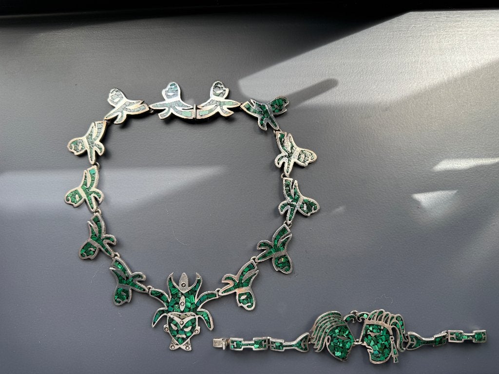 Taxco Mexico Necklace & Bracelet Set, 199 grams sterling, Ophalen of Verzenden, Zo goed als nieuw, Met edelsteen, Groen