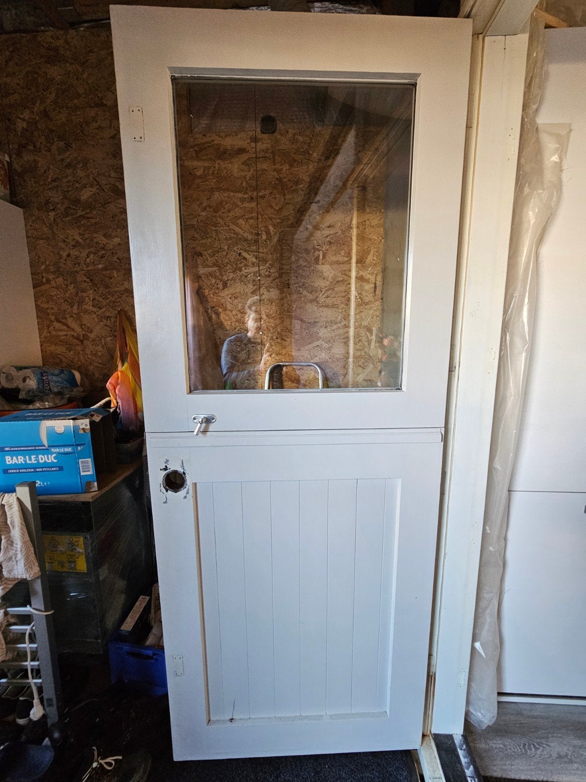 Hardhouten  staldeur met glas en paneel 211x83, Ophalen, Gebruikt, 80 tot 100 cm, Buitendeur