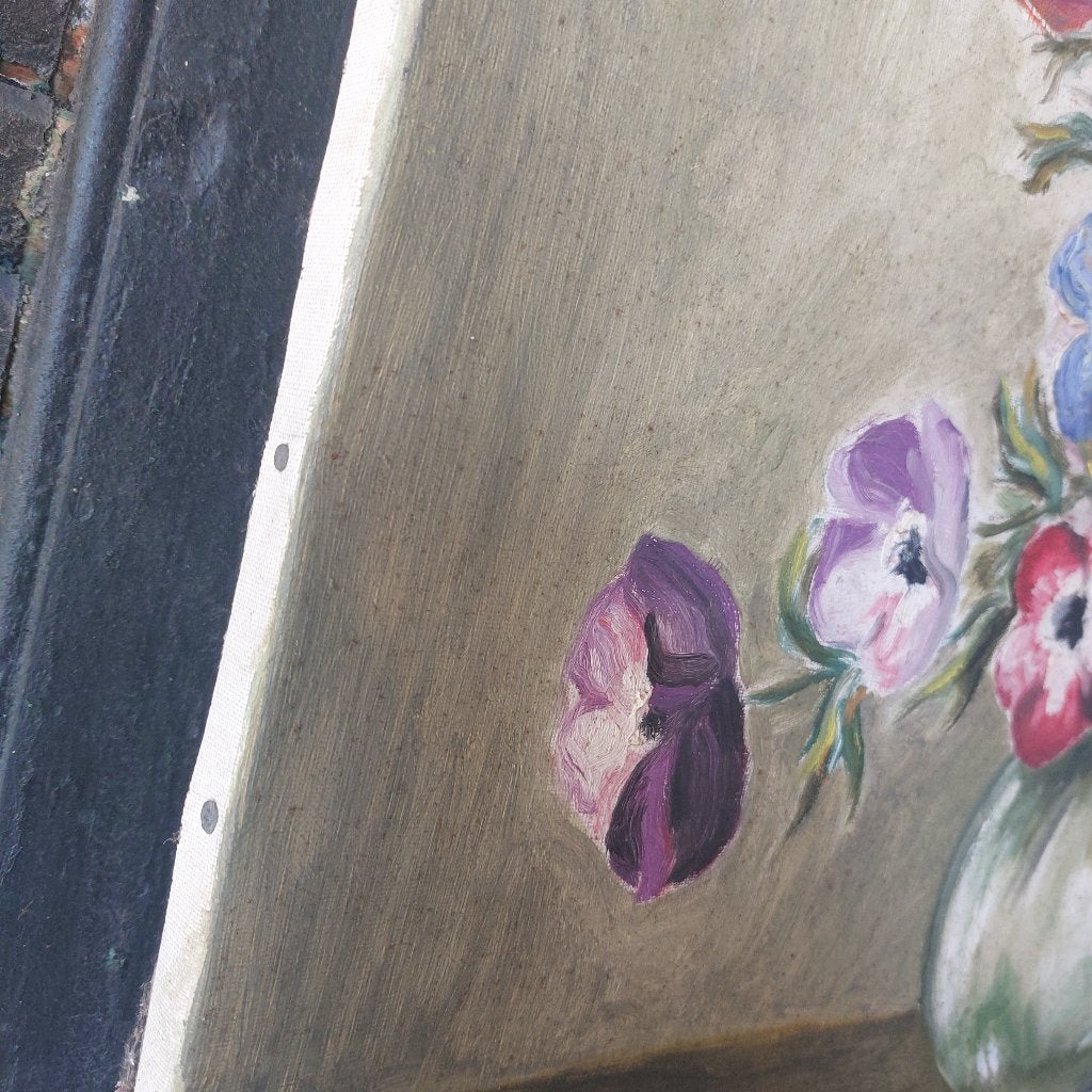 Prachtig brocante olieverf schilderij met vrolijke bloemen, Antiek en Kunst, Kunst | Schilderijen | Klassiek, Bloemen, Doek, Impressionistisch