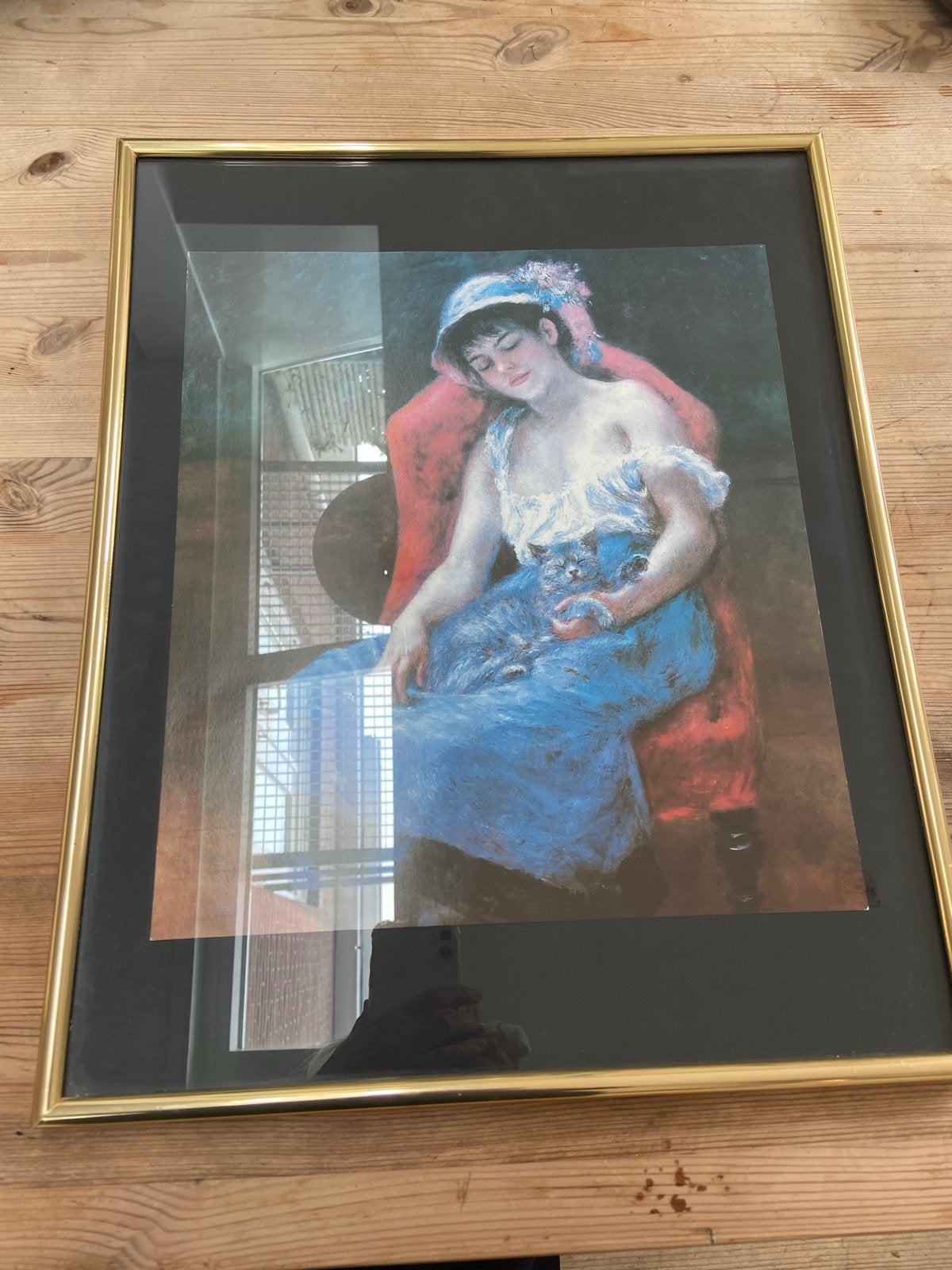 Ingelijste reproductie van Renoir's 'Vrouw met Kat', Ophalen, Zo goed als nieuw, Schilder- en Tekenkunst