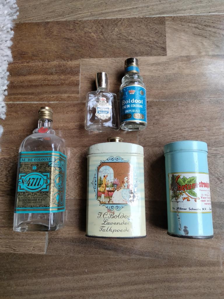 Vintage Boldoot en 4711 Eau de Cologne flessen en blikken, Ophalen of Verzenden