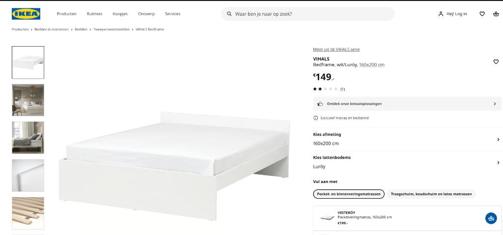 IKEA bed VIHALS (incl. lattenbodems), Ophalen, Wit, 200 cm, 160 cm