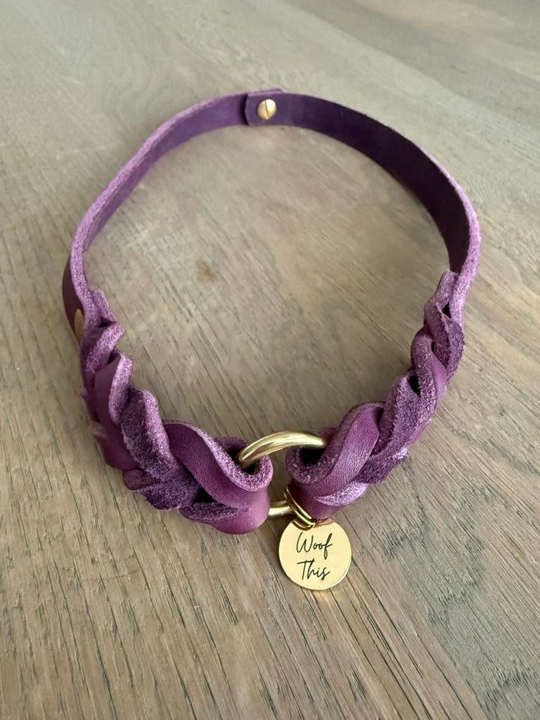 Woof this ID collar halsband vetleer hond aubergine goud, Dieren en Toebehoren, Ophalen of Verzenden, Handgemaakt, Nieuw