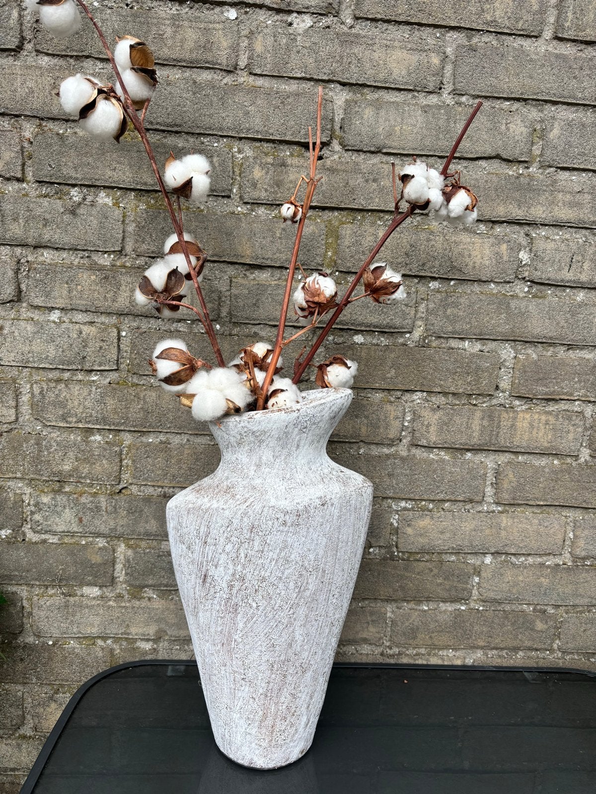 Decoratieve vaas met katoentakken - Wit/Bruin, Ophalen, Overige materialen, Wit, Inclusief decoratie