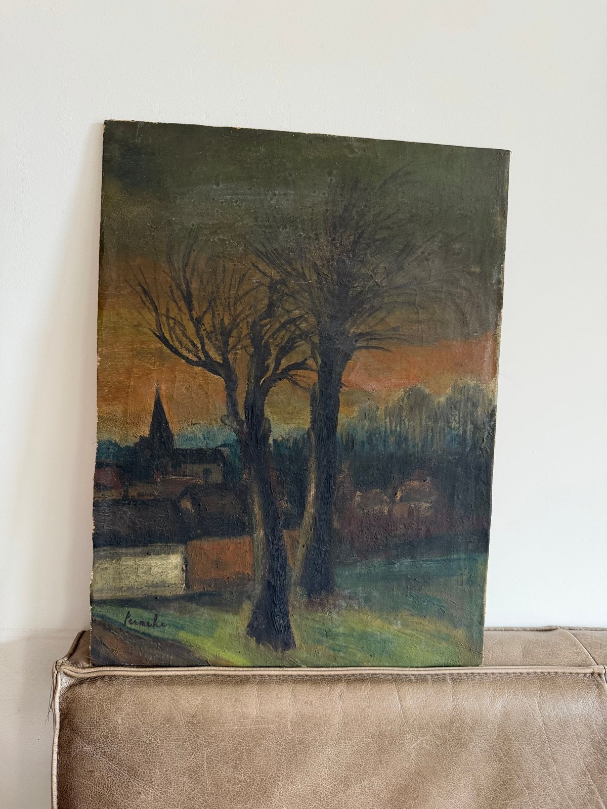 Constant Permeke - Dorpsgezicht met bomen, Antiek en Kunst, Paneel, Expressionistisch, Ophalen of Verzenden, Gesigneerd