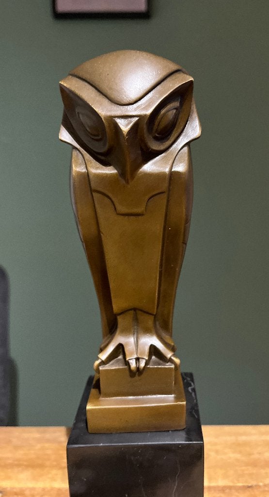Bronzen art deco stijl uil op een marmeren voet., Ophalen, Art deco, 20 - 50 cm, Beeld