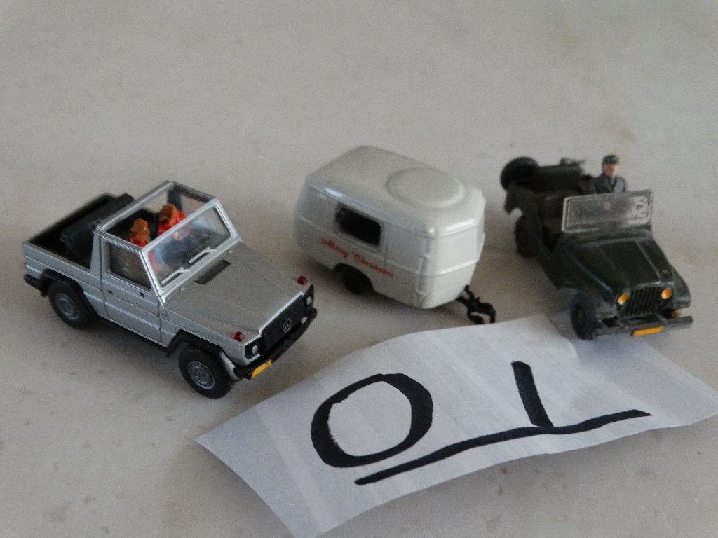 HO: set O-1: 2 JEEPS EN 1 CARAVAN., Overige merken, Gelijkstroom of Wisselstroom, Brug, Tunnel of Gebouw, Ophalen of Verzenden