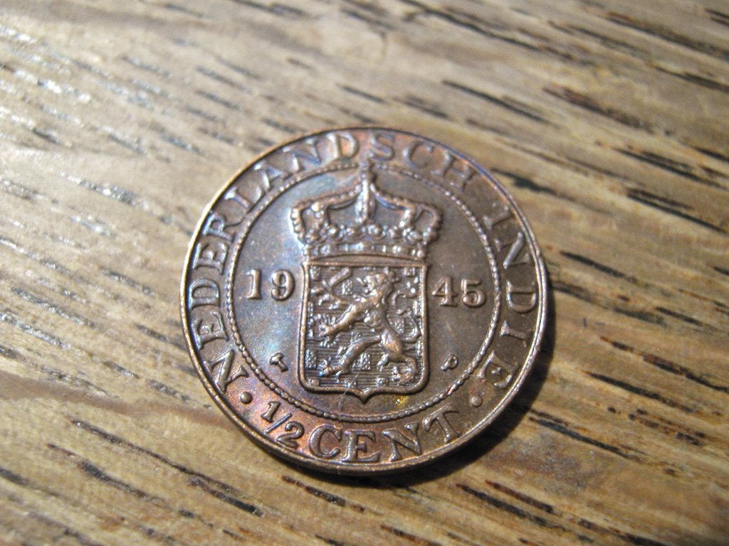Bevrijd Nederlands Indie 1/2 Cent 1945p, WW2 #83, Postzegels en Munten, Munten | Nederland, Losse munt, Overige waardes, Koningin Wilhelmina
