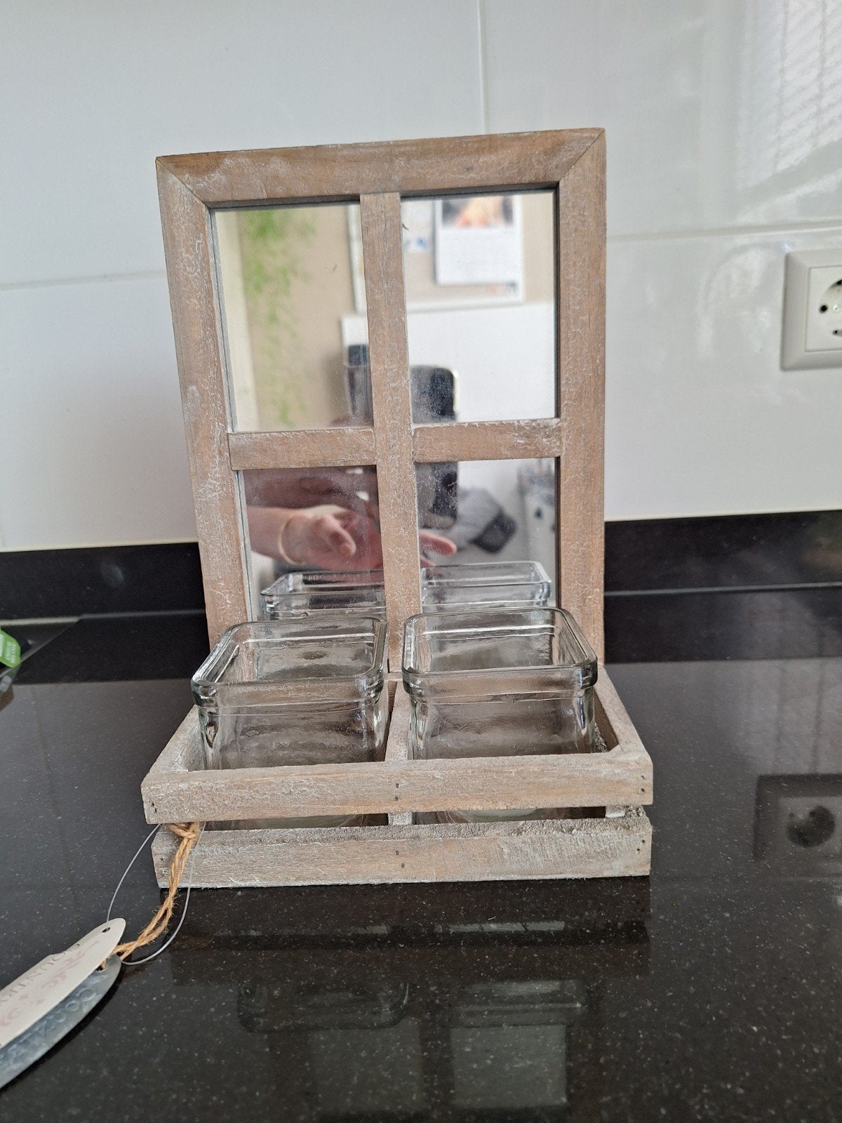 Decoratieve spiegel met theelichthouders - Hout en glas, Ophalen, Minder dan 50 cm, Zo goed als nieuw, Minder dan 100 cm