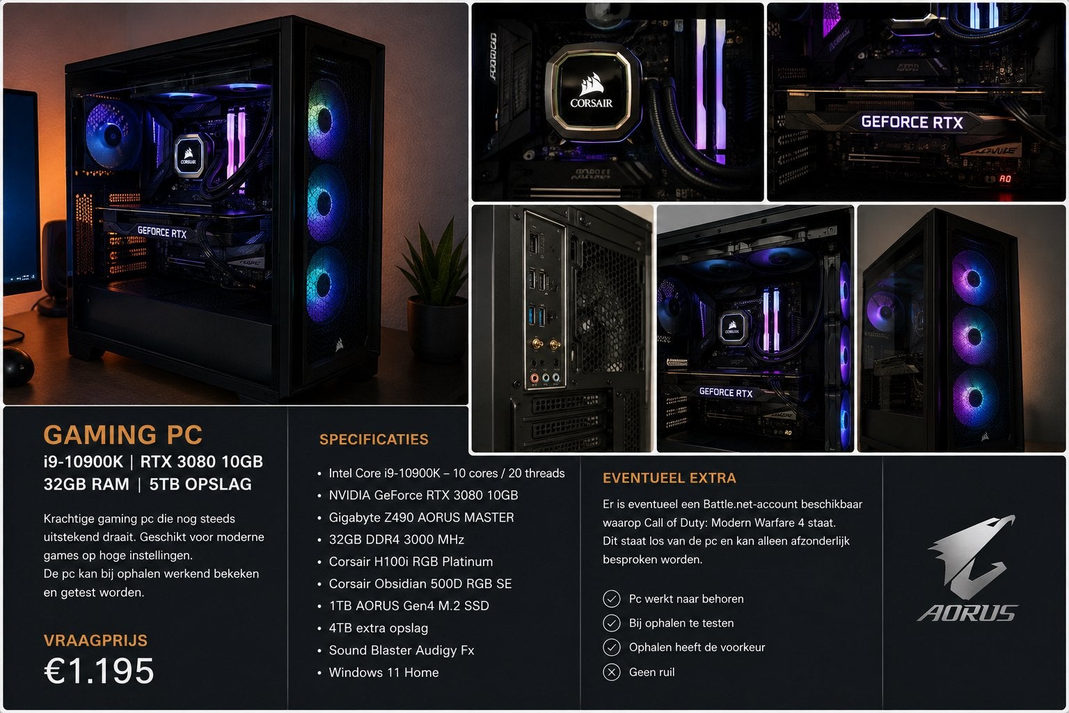 Gaming PC | i9-10900K | RTX 3080 | 32GB RAM | 5TB opslag, Ophalen, Gebruikt