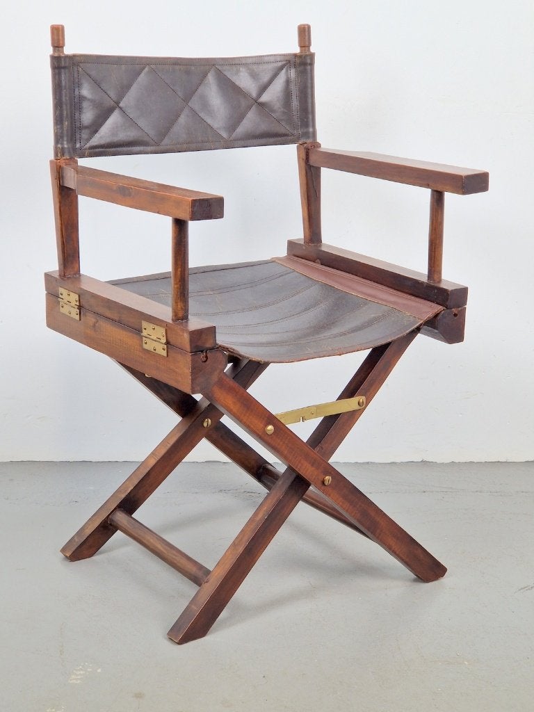 Vintage regisseursstoel leer Directors Stoel Opvouwbare '70, Huis en Inrichting, Gebruikt, Bruin, Vintage, Hout