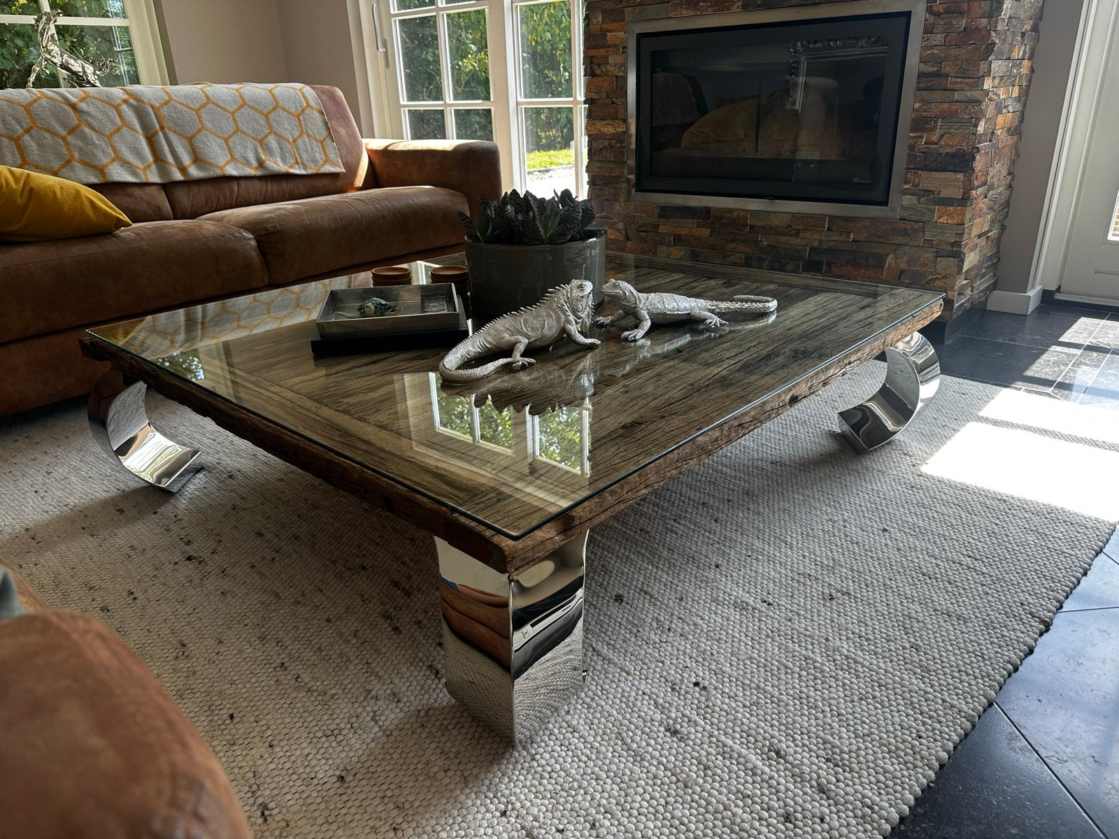 Salontafel Rofra Home 130x130cm met bielzen blad & glasplaat, Ophalen, Vierkant, Zo goed als nieuw, 5 – 50