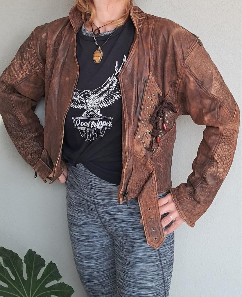 Vintage leren jas, bruin, maat M, unisex, Ophalen of Verzenden, Gedragen, Maat 38/40 (M), Bruin