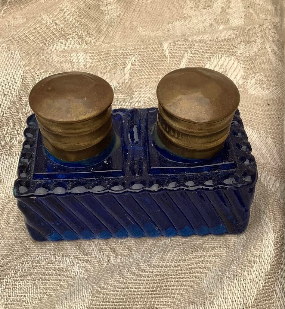Antieke blauw glazen inktpot koperen deksel, Ophalen of Verzenden