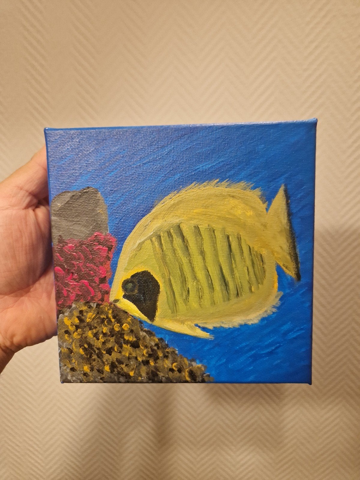 Schilderij met Gele Vis en Koraal, Ophalen of Verzenden