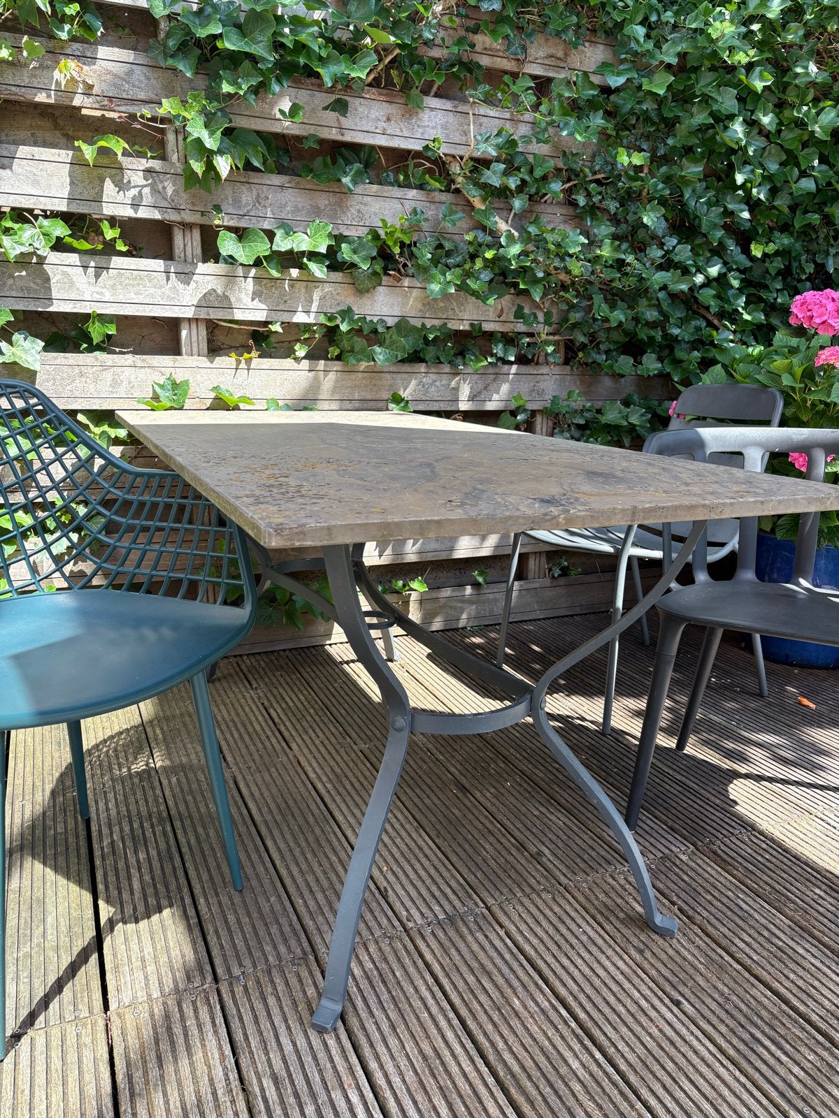 Tuin-/balkontafel met natuurstenen blad, Ophalen, Gebruikt, Rechthoekig, Metaal