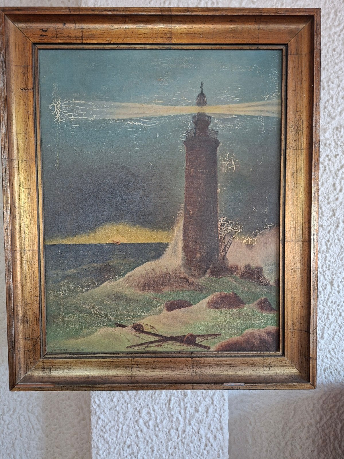 Schilderij J. van den Broeck - Vuurtoren van Edystone, Ophalen of Verzenden